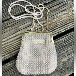 Kate Landry Beige Beaded Purse Evening Bag Clutch Gold Metal Frame Kiss Lock
